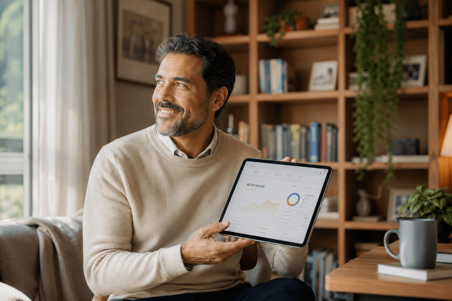 Homem sorridente mostrando uma simulação de crédito da Consórcio Market no tablet